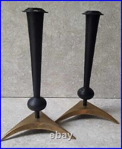 Vtg Mid Century Atomic Modern Iron Brass Candle Stick Holder Pair Von Nessen Era