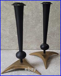 Vtg Mid Century Atomic Modern Iron Brass Candle Stick Holder Pair Von Nessen Era