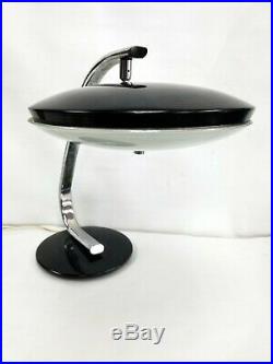 Vtg Rare Mid Century Chrome Black Desk Table Lamp Flying Saucers Atomic UFO 1960