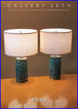 Wow! Pair MID Century Calif Modern Pottery Atomic Blue Table Lamps! Vtg 50s 60s